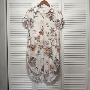 Cupio Women's White Short Sleeve Floral Button Down Shirt Dress Size L